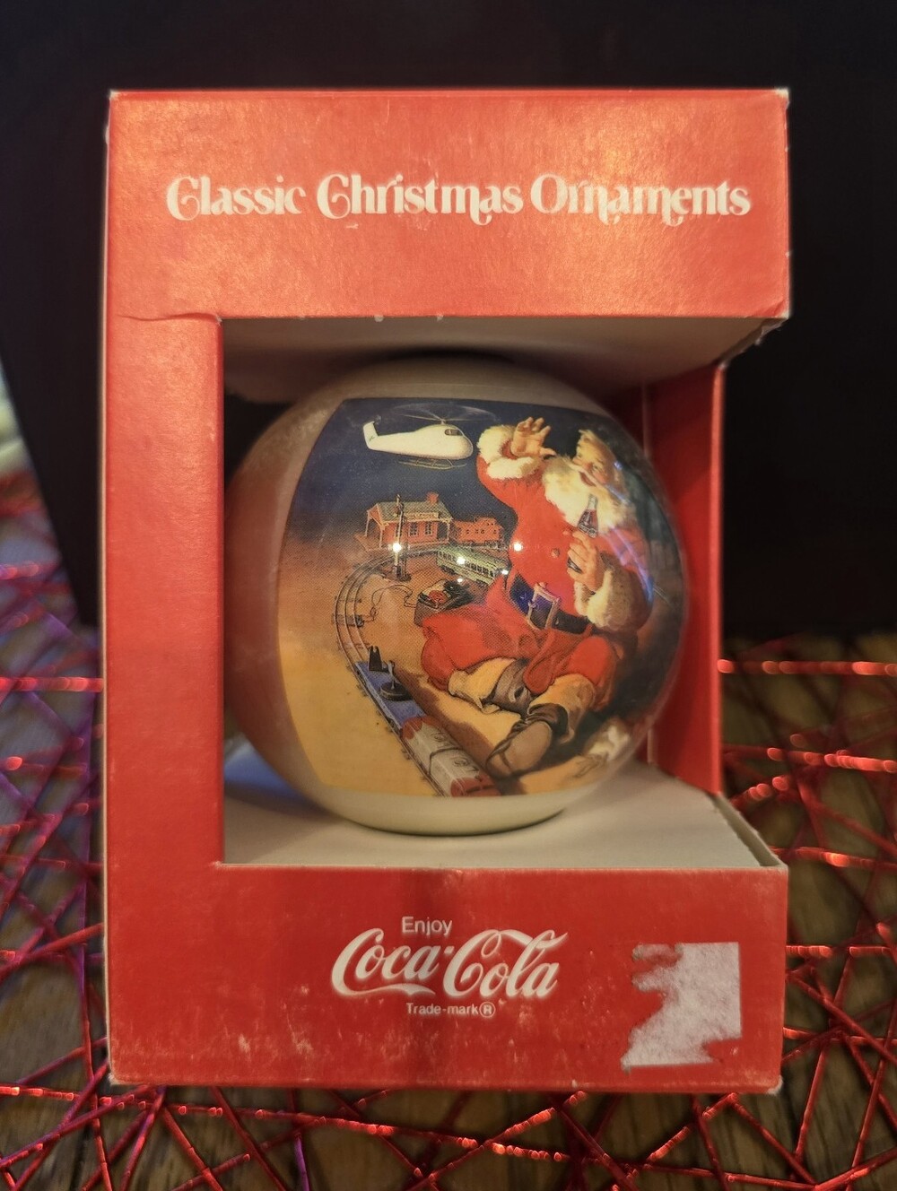 Coca Cola Glass Santa Ornament - Red, Gold, White